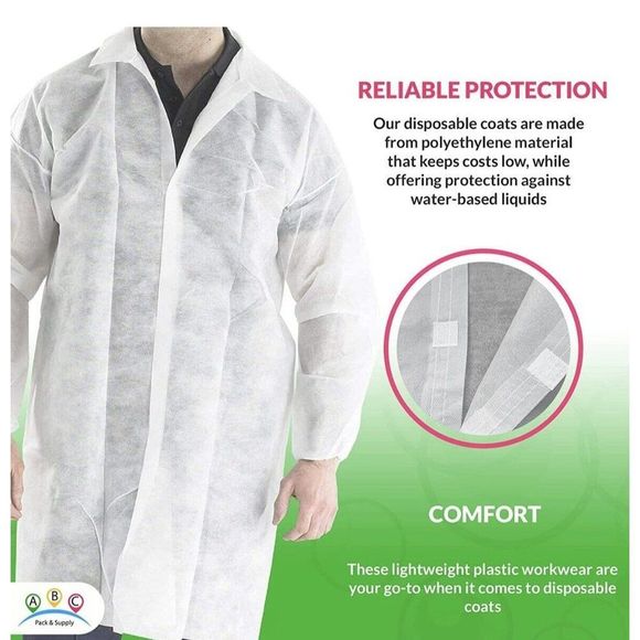 White Disposable Lab Coats XL Size Pack Of 10 Surgical Lab Coats 40 GSM Poly NIP - Picture 5 of 11